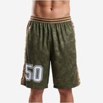 Custom green basketball shorts with dual camo side panels and white player number 50 on the front thigh, olive green body with tan digital camo panel