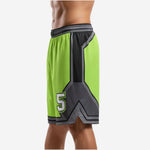Green basketball shorts with full-length charcoal geometric side panel and black-outlined hem, left side view
