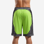 Custom team basketball shorts in lime green and charcoal grey with drawcord waistband, right side view