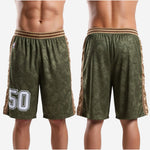 Size and specification sheet for custom green basketball shorts showing youth through adult sizing for full roster orders