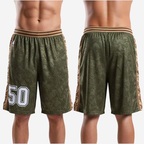 Size and specification sheet for custom green basketball shorts showing youth through adult sizing for full roster orders