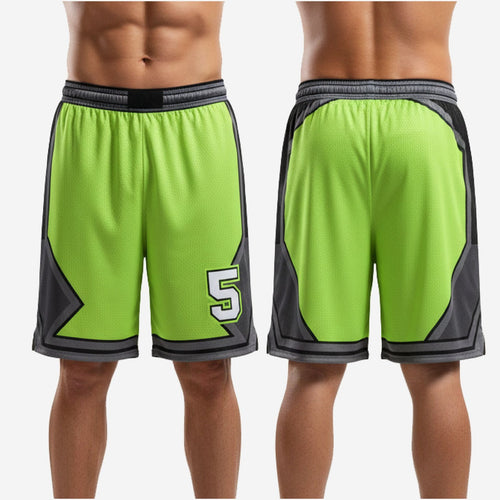 Size and specification sheet for custom green basketball shorts with side panels, youth through adult sizing