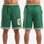 Size and specification sheet for custom green and white pinstripe basketball shorts - youth through adult sizing