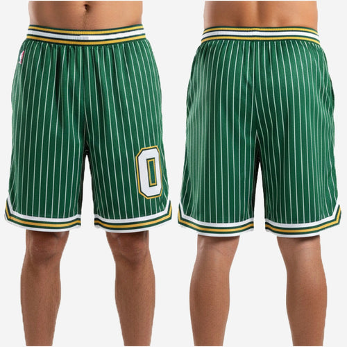 Size and specification sheet for custom green and white pinstripe basketball shorts - youth through adult sizing