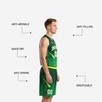 Custom green basketball uniform jersey and shorts displayed front and back, showing full sublimation comet design and neon yellow-green waistband