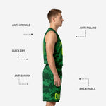 Close detail of green digital camo basketball shorts with elastic waistband and neon lime player number on left leg