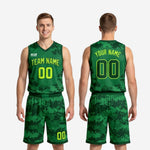 Size and specification sheet for custom green basketball uniform set showing youth and adult sizing options