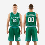 Size and specification sheet for the custom green basketball uniform set showing youth and adult size run and print zone measurements