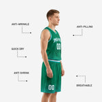 Back view of the sublimated green basketball uniform displaying the back player name and number placement on the jersey and dot-fade shorts detail