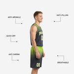 Back view of custom green and black reversible basketball uniform with back number placement and hex-fade charcoal design on male model