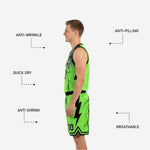 Back view of neon green reverse side reversible basketball jersey with black player name and number across shoulders