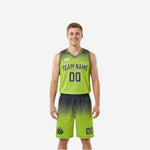 Front view of lime green and charcoal reversible basketball jersey with honeycomb gradient pattern, team name arc, and matching shorts with thigh number