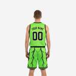Side view of neon green and black reverse side basketball uniform showing matching shorts and lightning pattern detail