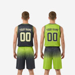 Size and specification sheet for green and black reversible basketball uniforms showing youth and adult size run and print zone measurements