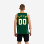 Opposite side view of green and gold team basketball jersey showing clean solid green side panel athletic cut and gold armhole binding detail