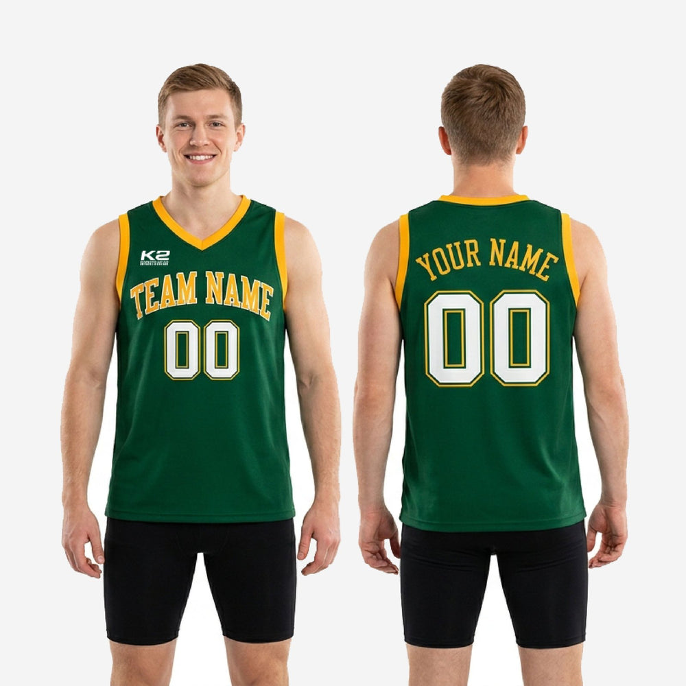 Matching Custom Green and Gold Basketball Jerseys - Sleeveless Cut