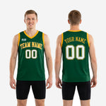 Size and specification chart for green and gold custom basketball jerseys showing youth and adult sizing measurements for roster orders