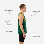 Back view of green and gold basketball jersey with arced player name above a centered back number sublimated in white with gold outline on forest green body