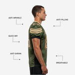 Back view of custom green and gold American football jersey displaying back player number and nameplate area in gold sublimation on olive green polyester mesh body