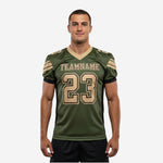Custom green and gold football jerseys for clubs, front view showing team name across chest and large front number 23 in gold with black outline, V-neck collar, gold shoulder panels with 3-stripe detail, and black side panels on olive green mesh body