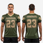 Size and spec chart for custom green and gold football jerseys for clubs, covering youth and adult sizing with measurement guide for chest, length, and sleeve
