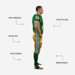 Close detail of green and gold sublimated football uniform showing sleeve trim, gold shoulder panel edge, and white-outlined number print quality