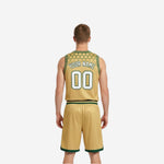 Opposite side view of custom green reversible basketball uniform displaying gold hex pattern fade and matching shorts waistband detail