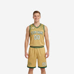 Gold side of green and gold reversible basketball uniforms showing hex overlay, white lettering and green binding on jersey and shorts - reverse side