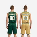 Size and specification sheet for custom green and gold reversible basketball uniform set showing youth and adult size run