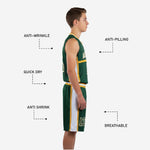 Back view of green and gold youth basketball uniforms showing player name and back number placement on forest green jersey