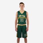 Green and gold youth basketball uniforms two-piece set showing forest green jersey with gold chest stripe and matching shorts on front view
