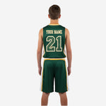 Size and specification sheet for green and gold custom youth basketball uniforms showing available youth sizing across the full roster