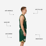 Back view of green reversible basketball uniform set showing back number placement, player name zone and sublimated hex shoulder pattern