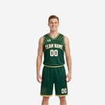 Green reversible basketball uniforms with gold hex pattern, white team name arc and number 00 on forest green jersey and matching shorts - front view