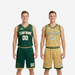 Close detail of sublimated gold hexagonal pattern on forest green custom reversible basketball jersey chest and shoulder area