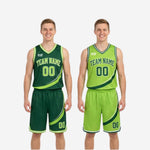 Detail view of the matching shorts showing lime green swoosh graphic front number and hem binding on the green basketball uniform set