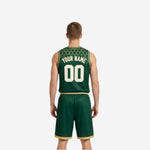 Side view of green and gold reversible basketball uniform showing V-neck binding, armhole edge and solid green side panel construction