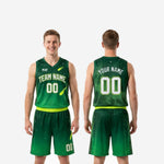 Size and specification sheet for custom green basketball uniform set covering youth and adult sizing options
