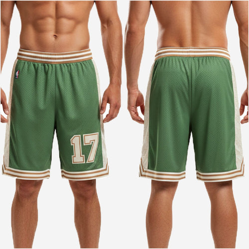 Size and specification sheet for custom green and white basketball shorts in youth and adult roster sizes