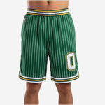 Men's green and white basketball shorts with vertical white pinstripes, gold-trimmed V-notch hem, and sublimated player number on left thigh - front view
