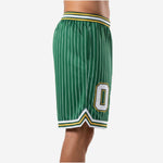 Side view of green and white pinstripe custom basketball shorts showing V-notch hem chevron detail and gold waistband stripe