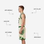 Back view of green reversible basketball jersey with back number and player name placement visible above matching shorts