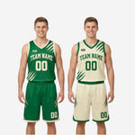 Size and specification sheet for custom green and white reversible basketball uniform set showing youth and adult size run