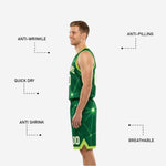 Back view of the green and white reversible basketball uniforms displaying player name and number placement on forest-green side