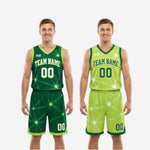 Shorts detail of the green and white reversible basketball uniform showing number placement and lime hem band