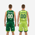 Size and specification sheet for the custom green and white reversible basketball uniforms showing youth and adult size run