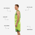 Close-up detail of the starburst geometric sublimation print on the green and white reversible basketball jersey
