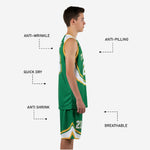 Back view of green youth basketball uniform showing back player name and number placement in white with gold outline on matching green jersey and shorts