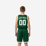 Front view of custom green youth basketball uniform set with white block number on the chest and matching forest green shorts