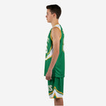 Close side detail of green youth basketball jersey showing curved white and gold swoosh arc panel sweeping across the front and gold V-neck binding